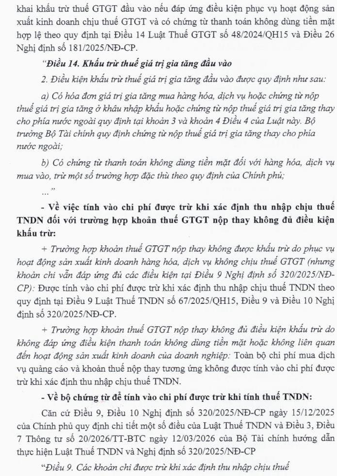Ảnh 4: Khấu trừ GTGT đầu vào và điều kiện chi phí được trừ khi tính thuế TNDN – nguồn Cổng thông tin Bộ Tài chính